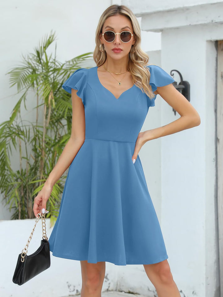 Missufe Damen Cocktailkleid Elegant Vintage Minikleid Kurz A-Linie Herzausschnitt Kleider Hellblau S