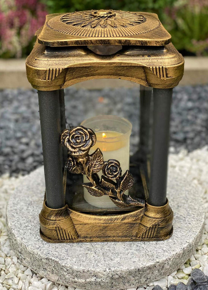 Grablampe Handmade NEU Rose-Motiv Grablicht Grabkerze Grabdekoration Grabschmuck Gartenlampe incl.Gr
