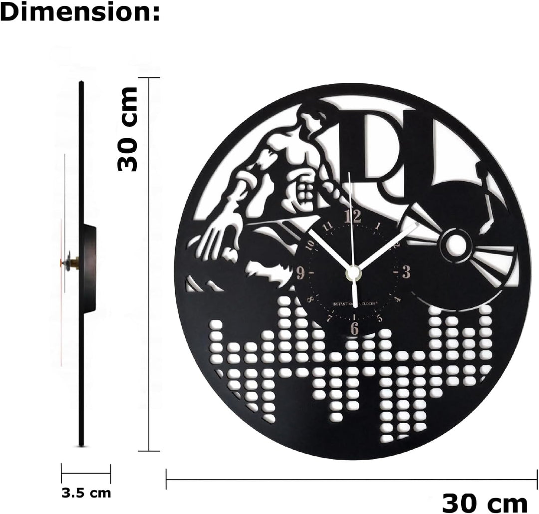 Instant Karma Clocks Dj Deeejay Wanduhr, flach, Vinyl, Geschenkidee, HDF, Holz, Schwarz