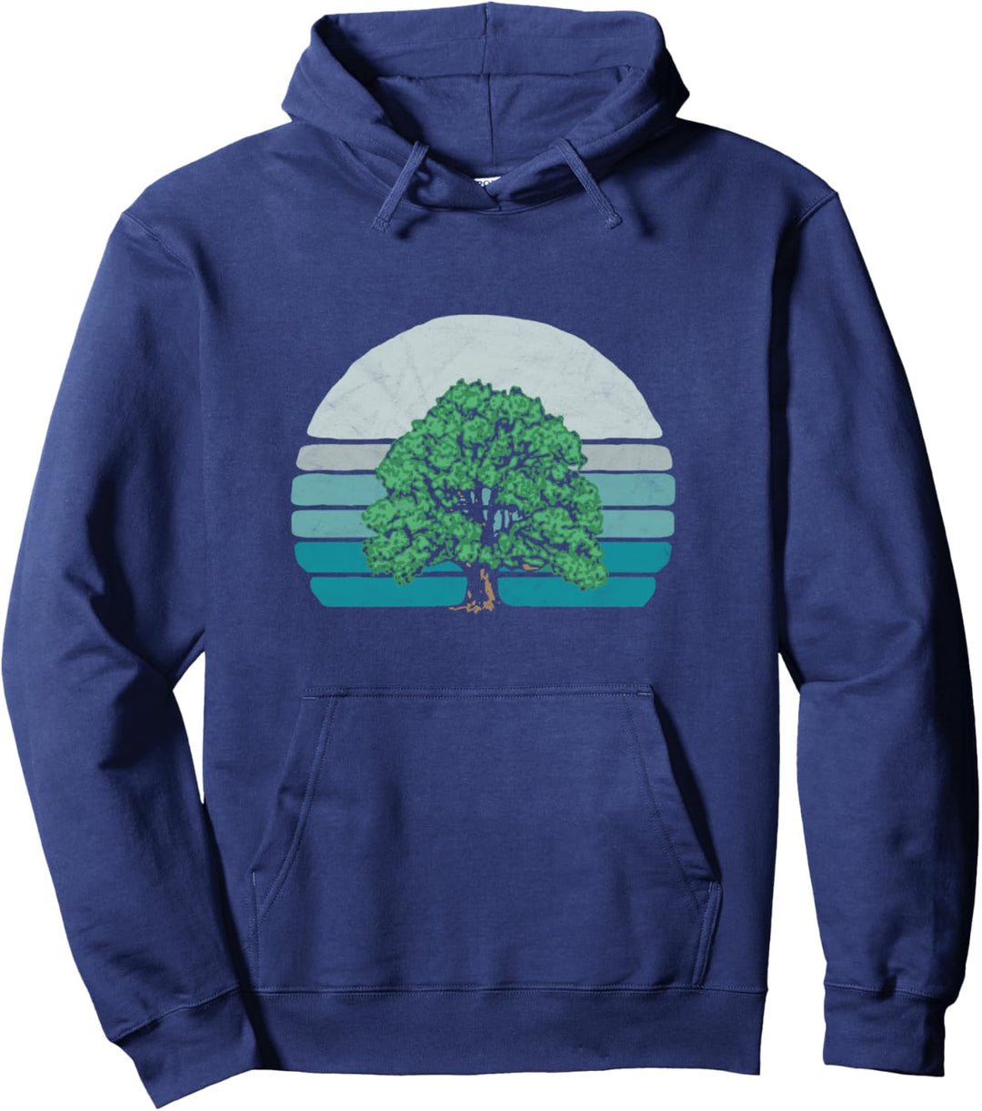 Sweet Oak Tree Sketch & Retro Sunset 80s Outdoor Graphic Pullover Hoodie