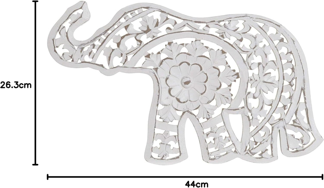 DRW Elefant, Mandala, Holz, zum Aufhängen, Weiss, gebeizt, 44 x 1,5 x 26,3 cm