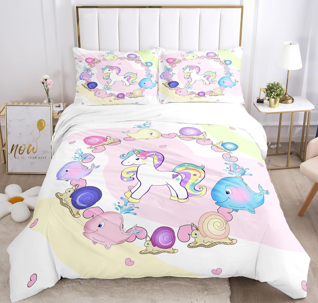 Hoimlm Einhorn Bettwäsche,Kinder Bettwäsche Set mit Bettbezug and 2 Kissenbezug,Cartoon Einhorn mikr
