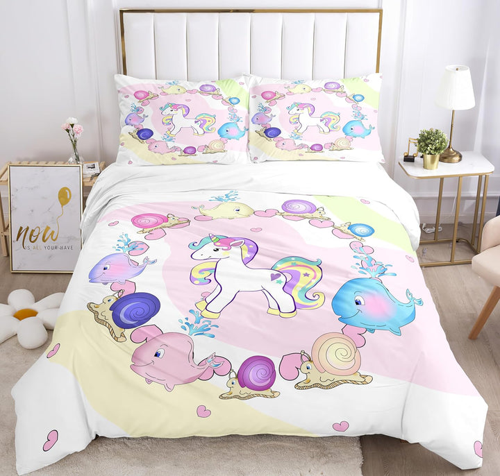 Hoimlm Einhorn Bettwäsche,Kinder Bettwäsche Set mit Bettbezug and 2 Kissenbezug,Cartoon Einhorn mikr