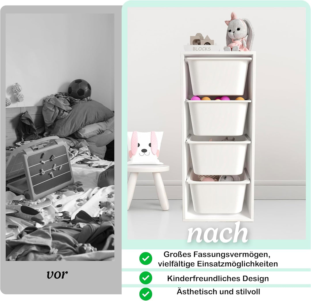 LEOKIDS Spielzeug-Aufbewahrungsbox für Kinderzimmer – Kinderregal mit 4 Boxen, Spielzeugschrank und