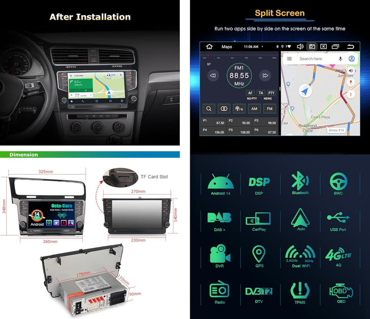 Erisin 9 Zoll 4GB RAM+64GB ROM 8-Kern Android 12 Autoradio Mit GPS Navi für VW Golf VII/7 Unterstütz