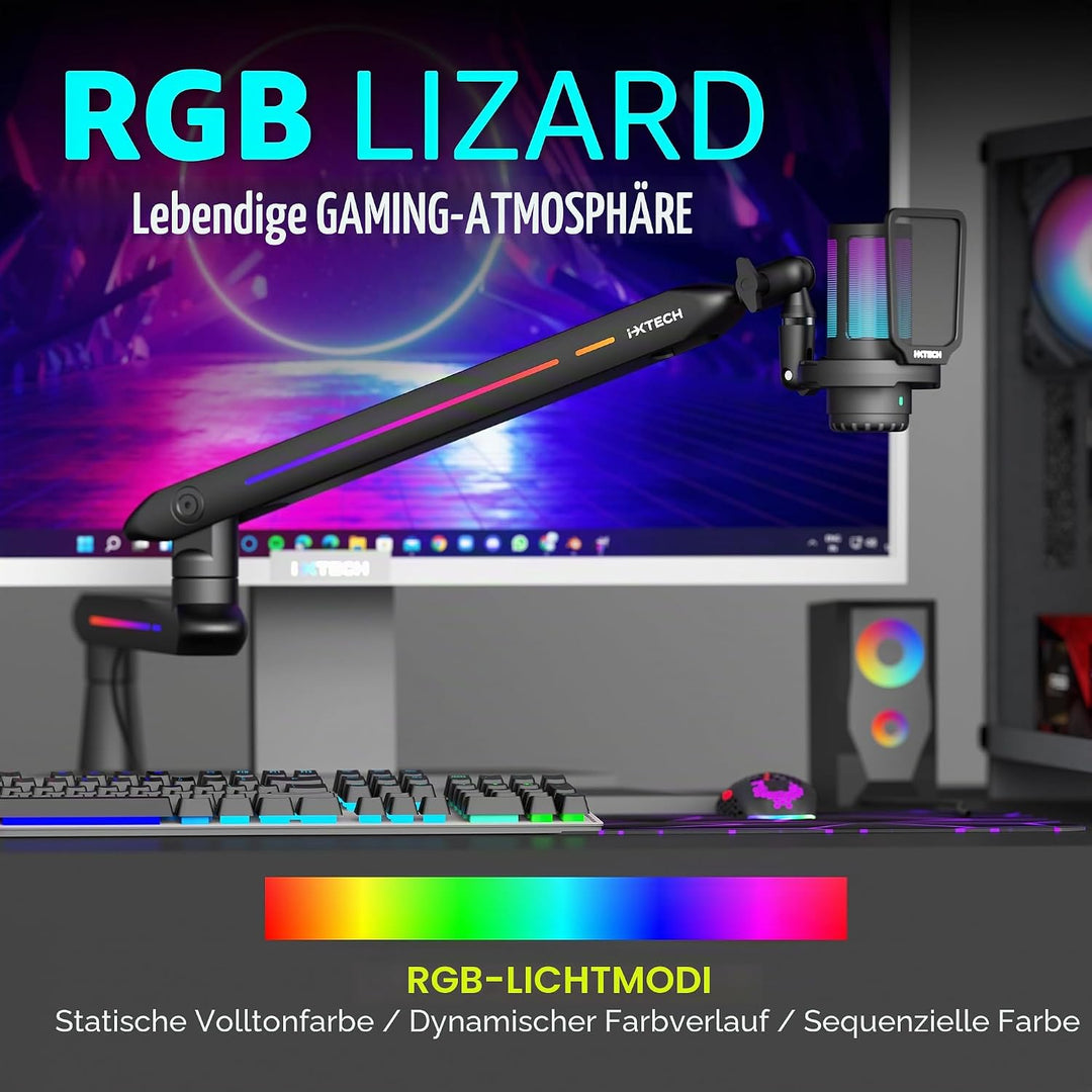 IXTECH RGB Low Profile Galgenarm für Mikrofon, verstellbarer Mikrofonarmständer mit Tischhalterungsk