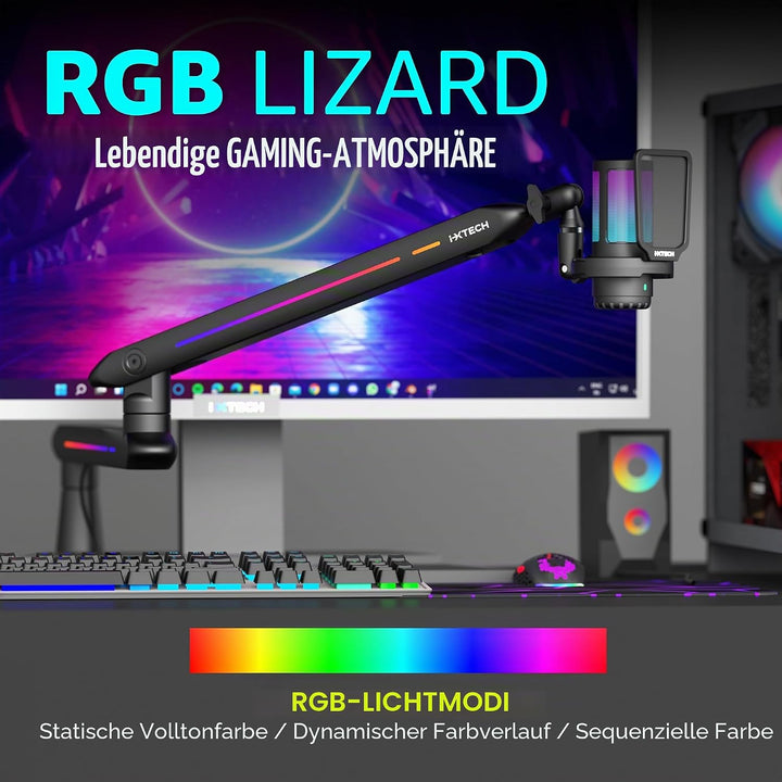 IXTECH RGB Low Profile Galgenarm für Mikrofon, verstellbarer Mikrofonarmständer mit Tischhalterungsk