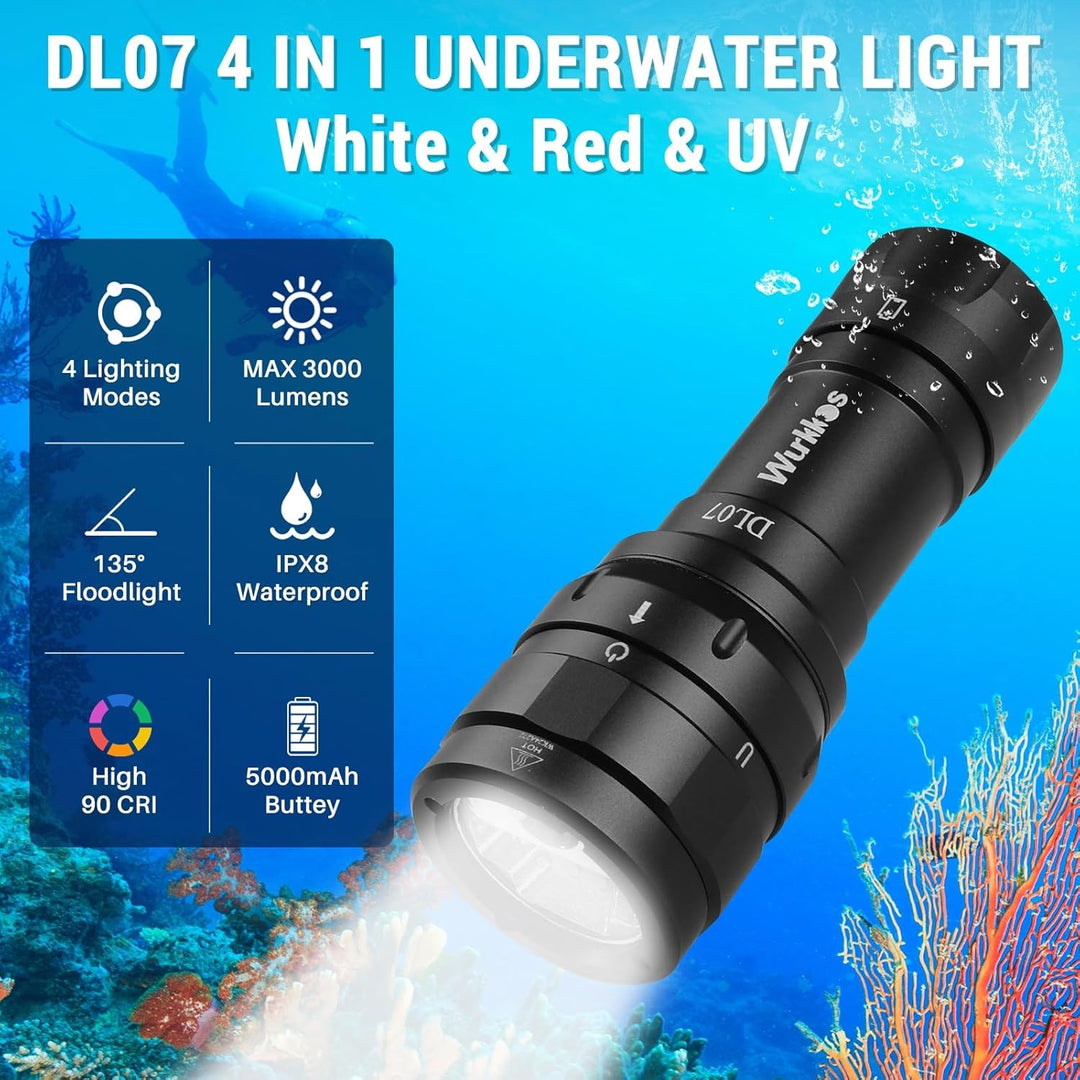 Wurkkos DL07 Tauchlampe,3000 Lumen LED Tauchen Taschenlampe 100 M Unterwasser Foto Füllbeleuchtung U
