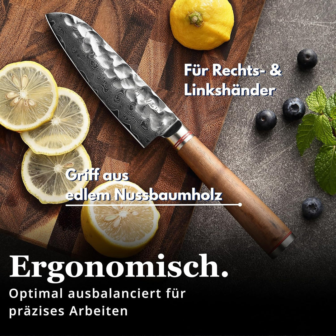 Wakoli Nussbaum Damastmesser kleines Santokumesser extrem scharfe 12cm Klinge aus 67 Lagen I Damast