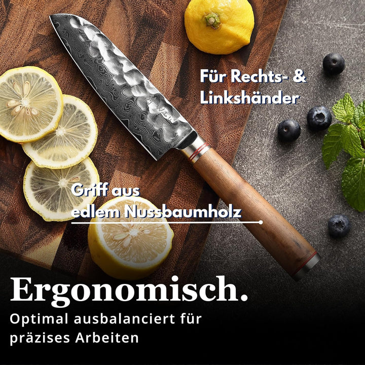 Wakoli Nussbaum Damastmesser kleines Santokumesser extrem scharfe 12cm Klinge aus 67 Lagen I Damast