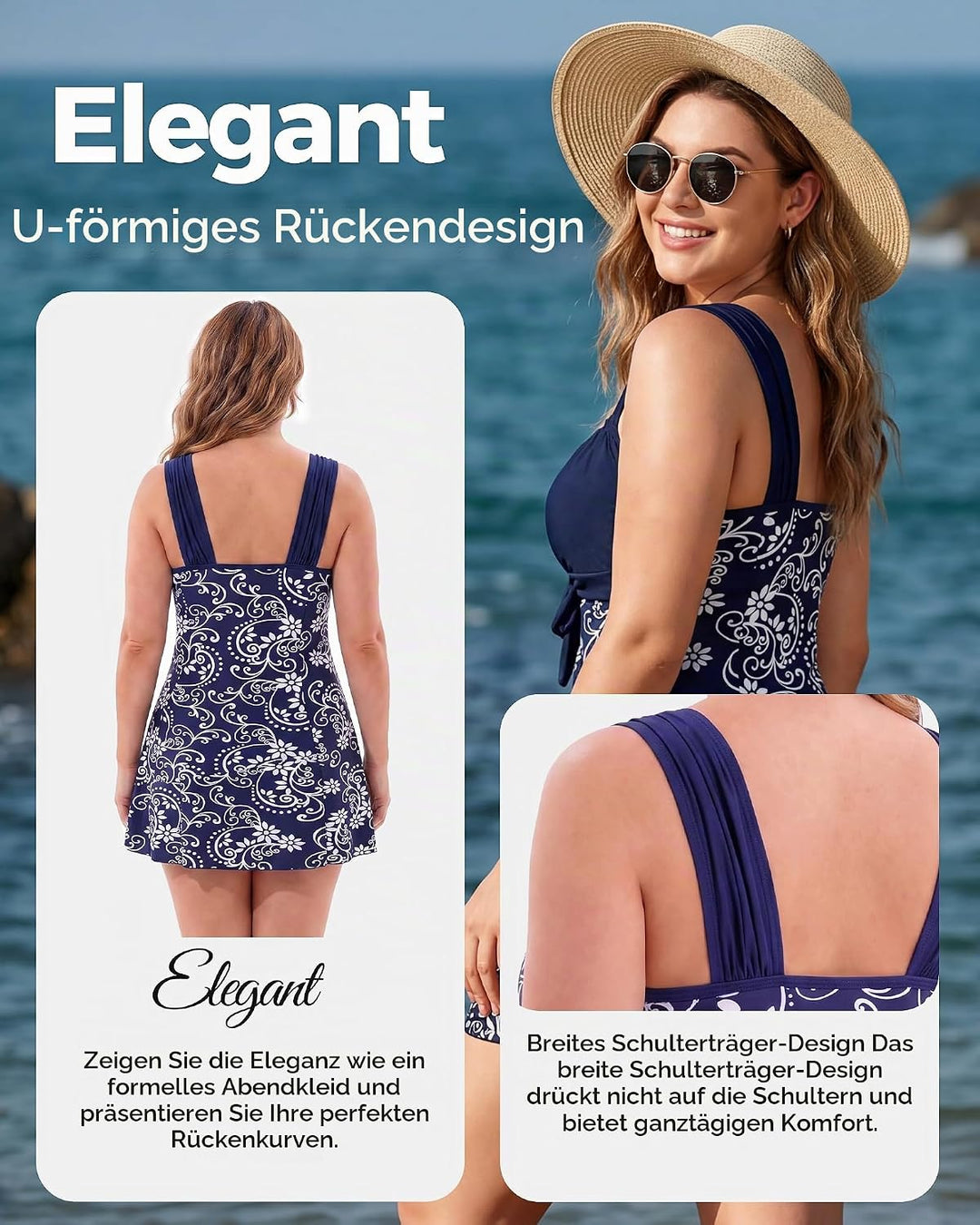 Wantdo Damen Badeanzüge Sommer Bauchweg Tankini Bademode mit Bügel Badekleid Einteiler Schlanke Stra