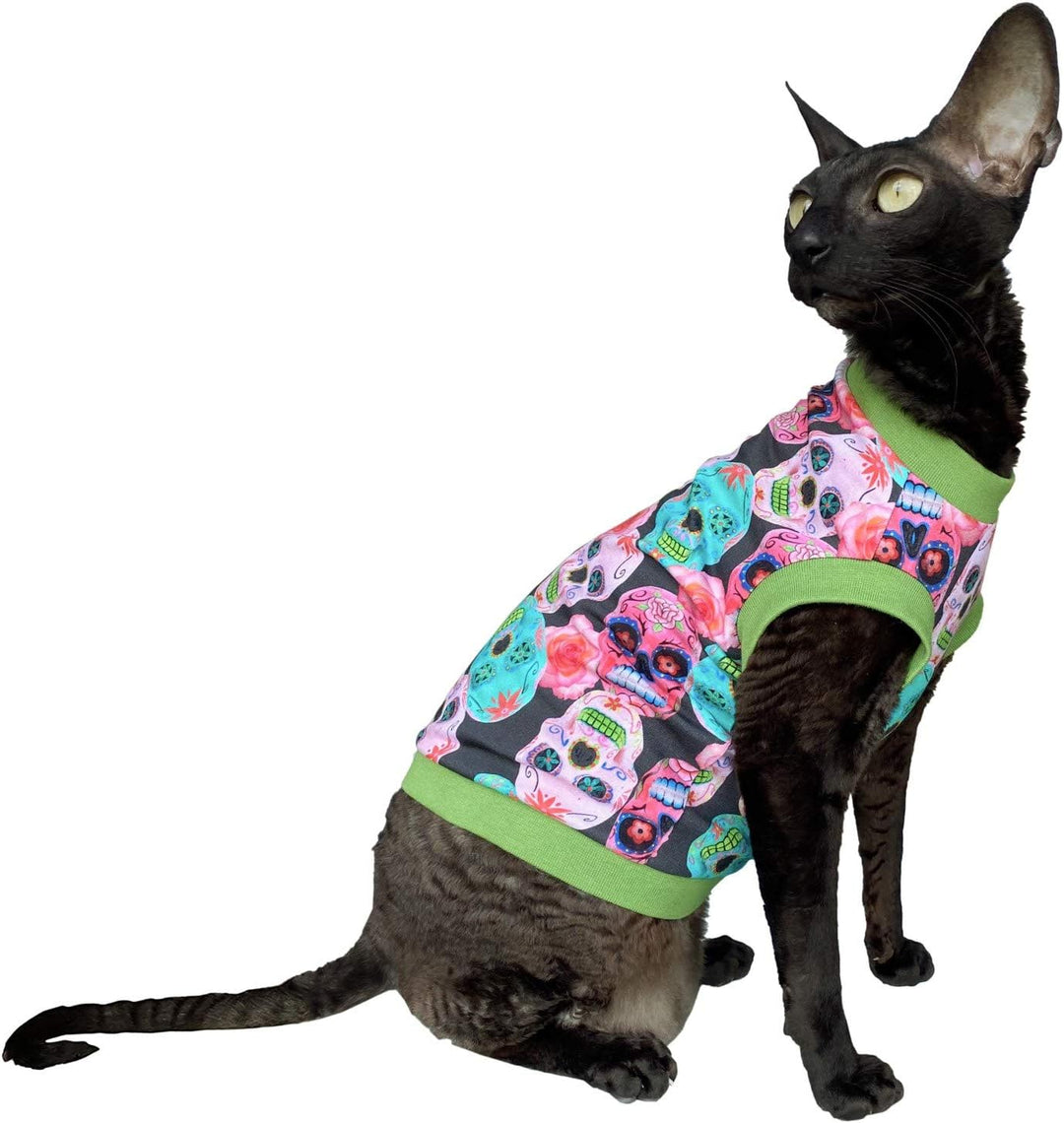 Kotomoda T-Shirt fьr Sphynx-Katzen, haarlos, Baumwolle, Stretch, mexikanische Schдdel, Grцяe S, S