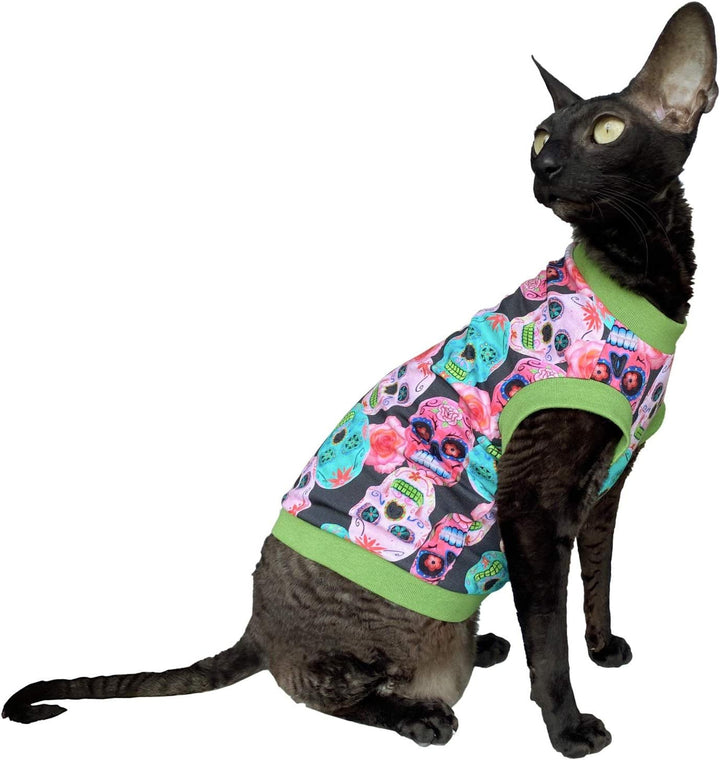 Kotomoda T-Shirt fьr Sphynx-Katzen, haarlos, Baumwolle, Stretch, mexikanische Schдdel, Grцяe S, S