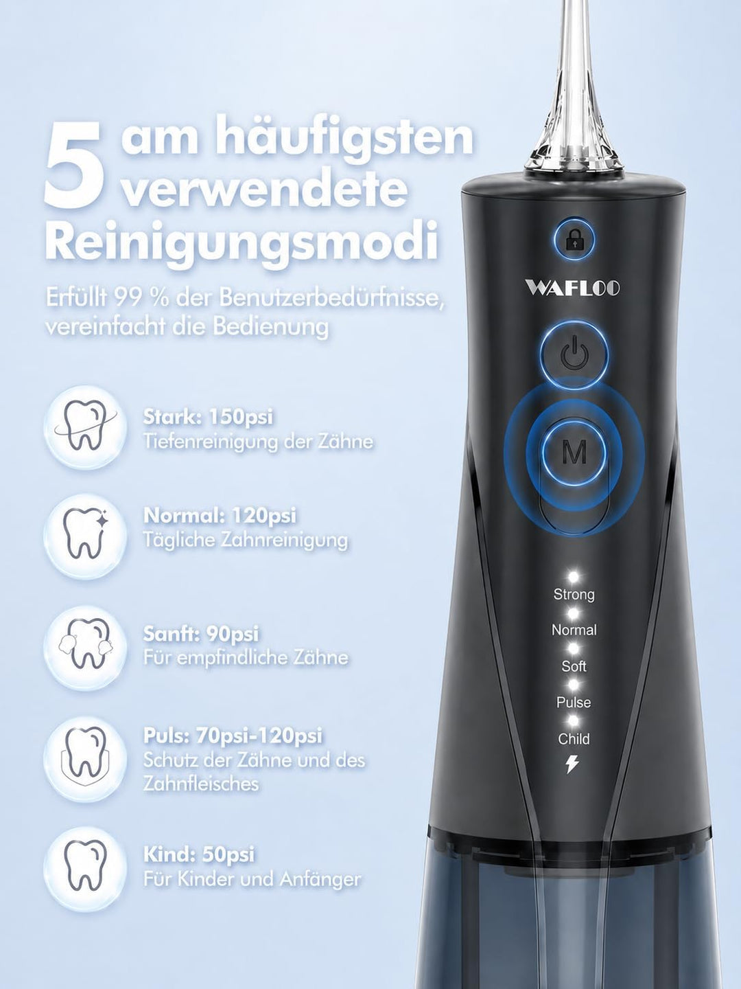 Munddusche für Zähne,Zahndusche 5 Modi, 6 Zahnseide-Spitzen, Tragbarer 300ML Grosser Tank, Elektrisc