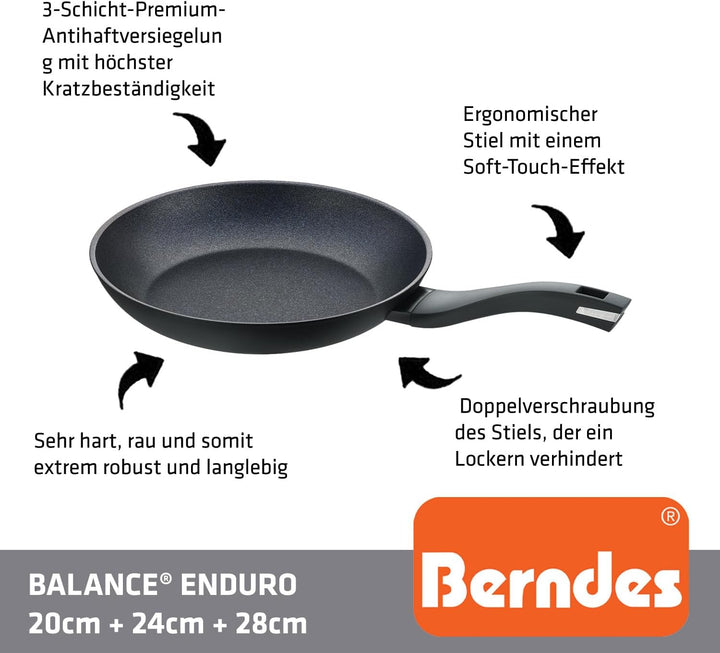 Berndes Pfannen Set Induction Enduro 3tlg. - frypan 20 cm, 24 cm & 28 cm – allherdtauglich - Bratpfa