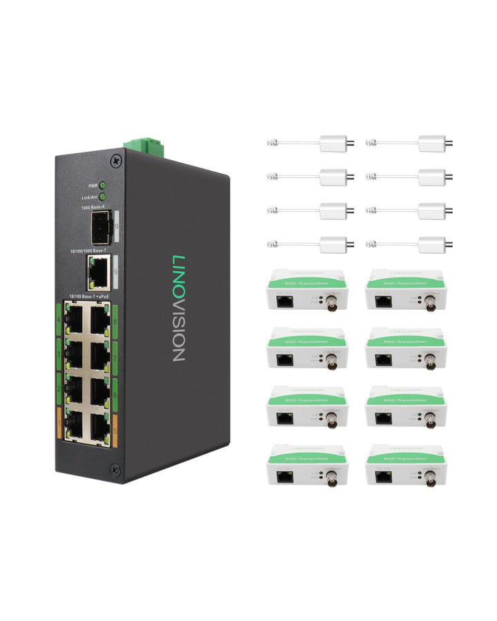LINOVISION Industrial 8-Port EOC & POE Switch mit 8 EOC-Sendern, PoE mit grosser Reichweite über Koa