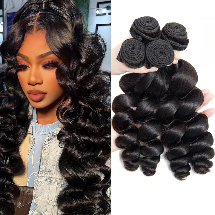 Huarisi Loose Wave Human Hair Bundles, Brazilian Hair 4 Bundles 12 14 16 18 inch, Brazilian Virgin H