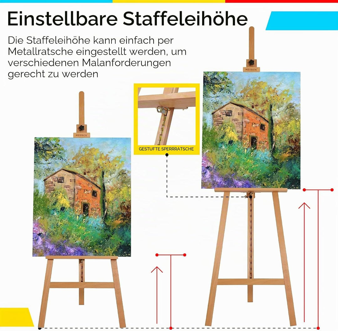MEEDEN Basic Staffelei aus Holz: Staffelei für Bodenmalerei, Einstellbare Höhe von 145 bis 193 cm (5