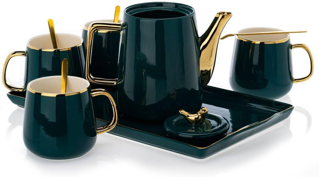 HowHomely Keramik Kaffeeservice für 4 Personen Modern - Grün Set mit Kanne, 4 Tassen und Serviertabl