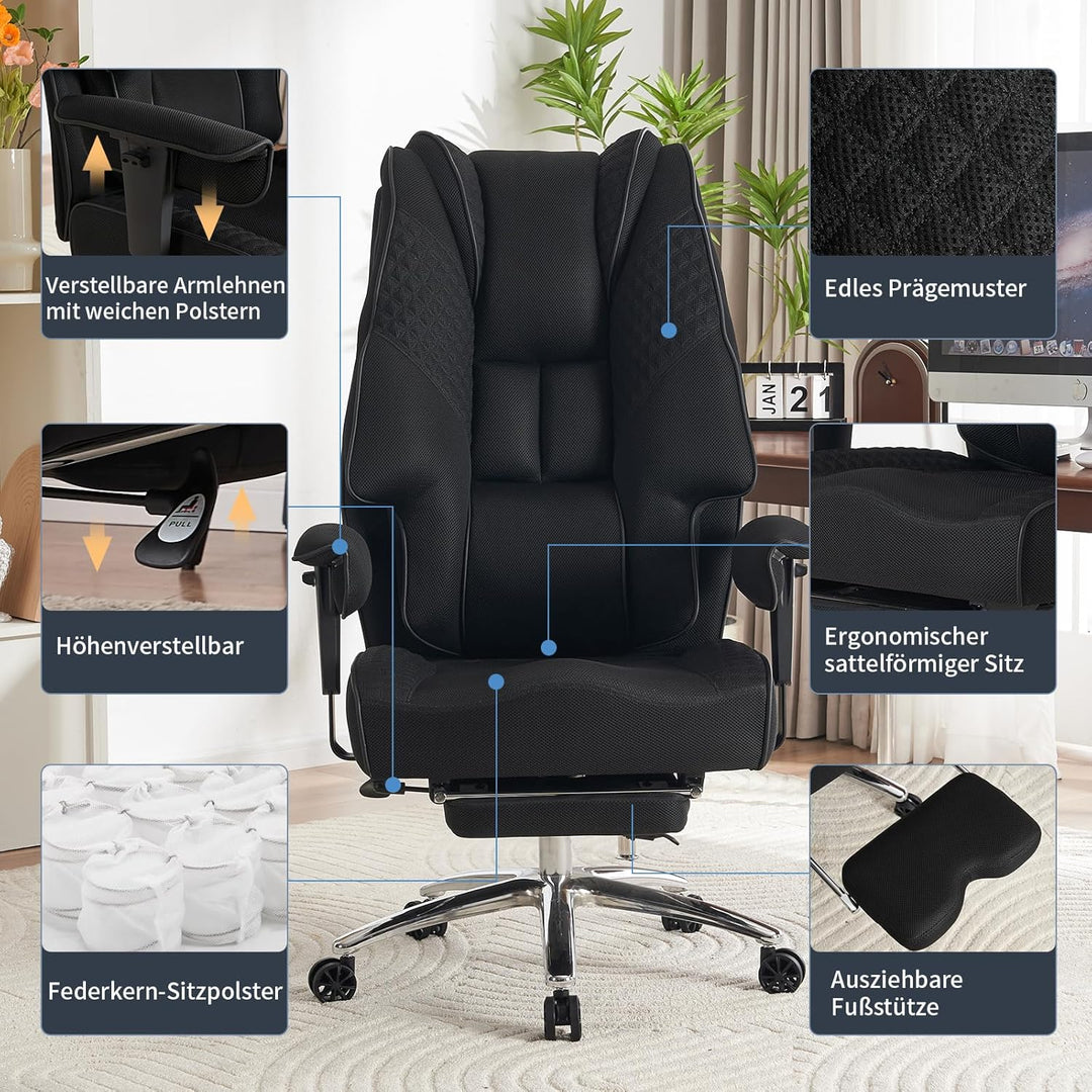 EXCEBET Schwerlast Bürostuhl 180kg - Ergonomischer Netzstuhl mit 14cm Taschenfederkern, Atmungsaktiv