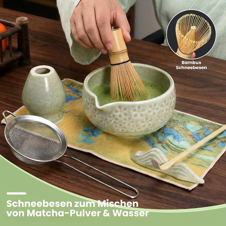 9‑in‑1 Matcha Set mit Matchaschale (560ml), Glas, Bambusbesen, Bambuslöffel, Sieb & Teematte – Japan