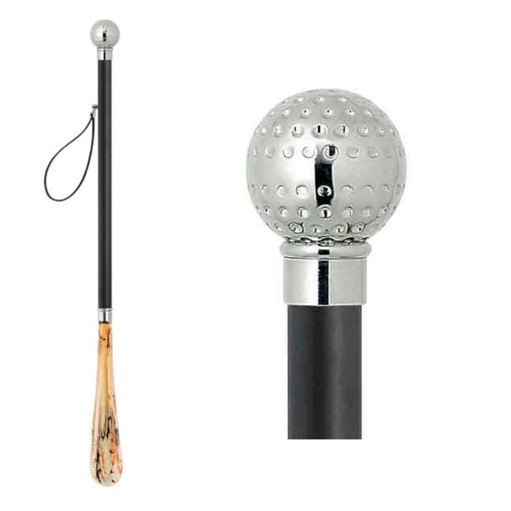 Design Schuhanzieher Schuhlöffel 70 cm mit silbernem Golfball als Griff, schwarzer Holzschaft