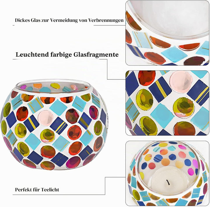 Toptime Teelichthalter 6er Set, Mosaik Glas Kerzenständer Bunte Handgefertigte Kerzenhalter, Romanti