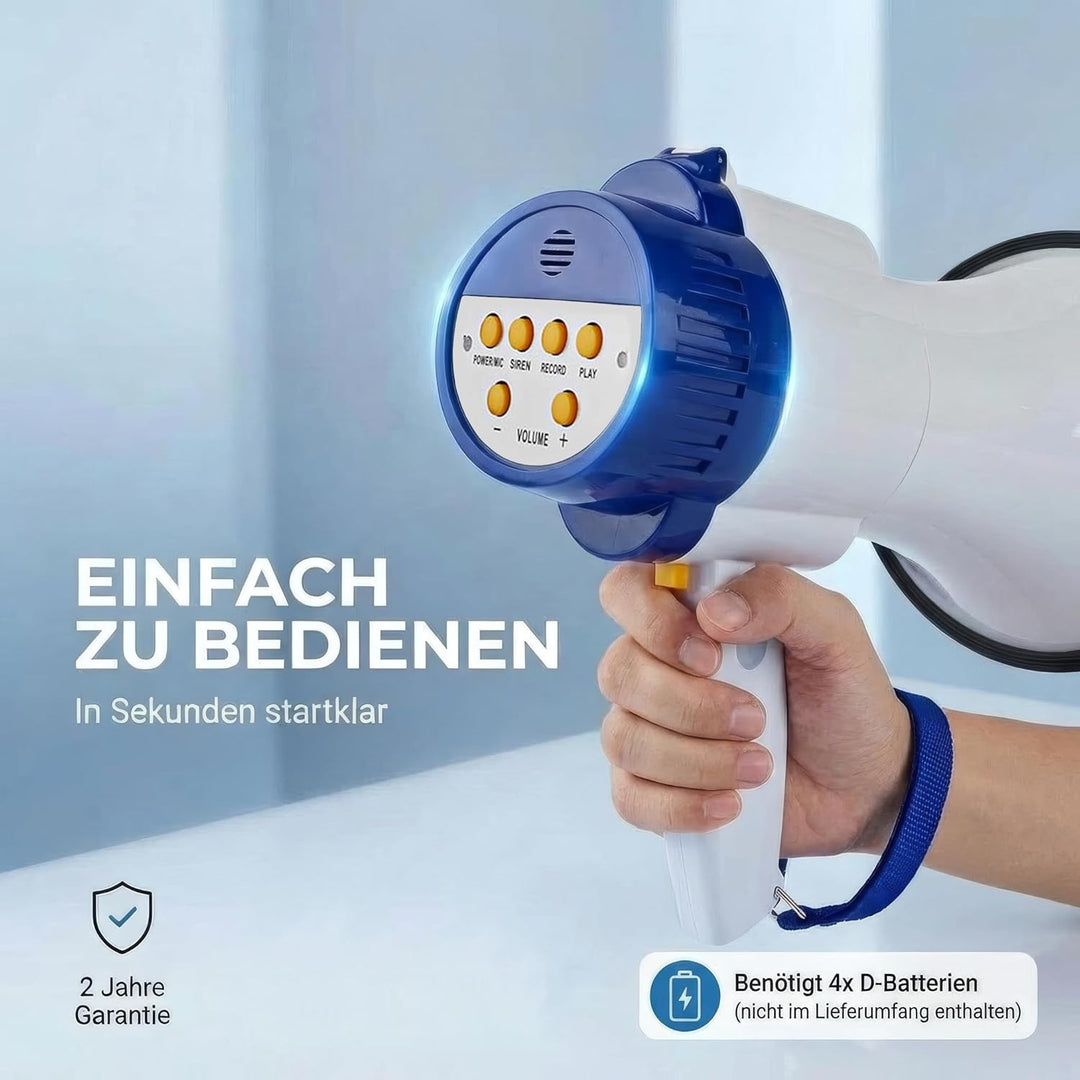 Megaphon - Maximale Reichweite: 1500 m - max. Lautstärke-Regler: 120 dB - Abnehmbares Mikrofon - Ein
