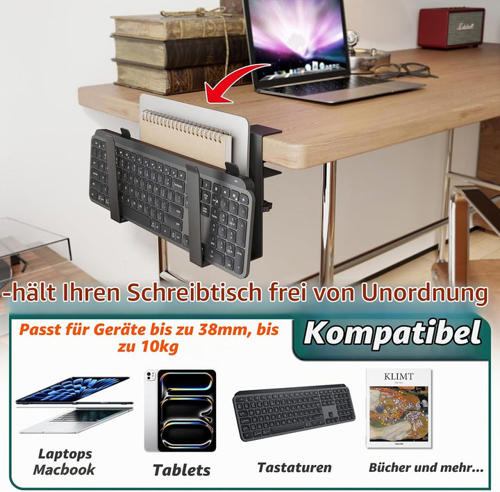 Dual‑Geräte Verstellbarer Laptopständer mit Klemme für Schreibtische - Kein Bohren - Edelstahl‑Ablag