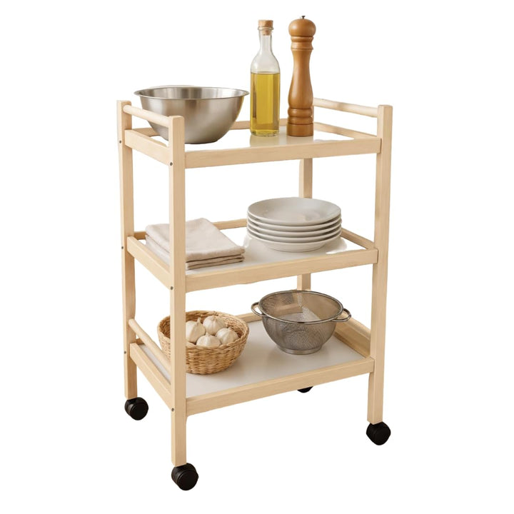 Mehrzweckwagen, 3 Ablagen, 100% Buchenholz, 28 x 40 x 64,5 cm, mit Rollen