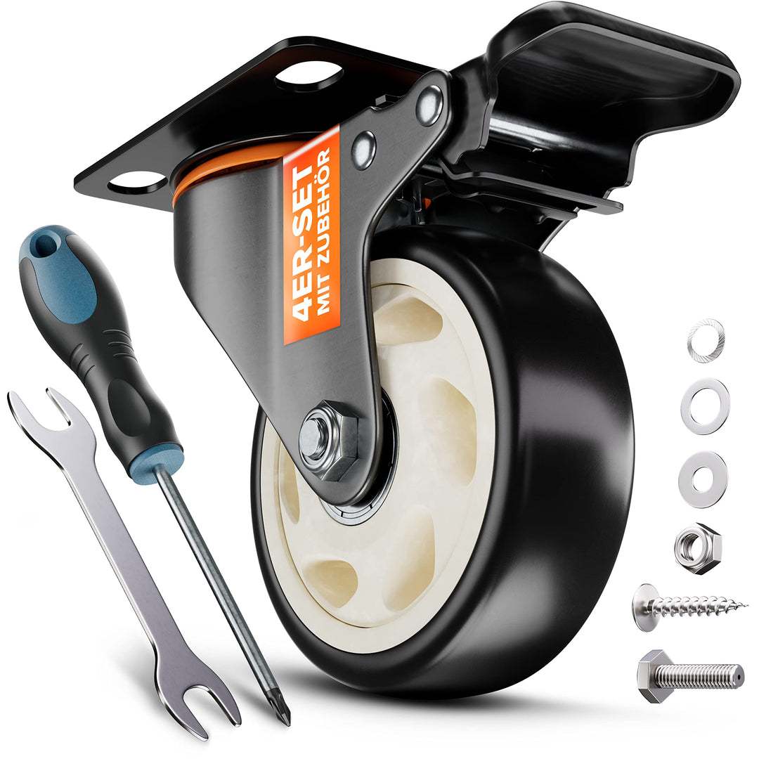 PEARWAY™ Premium Lenkrollen 100mm mit Bremse [4x gesamt 600kg] inkl. Montagezubehör I Robuste Transp