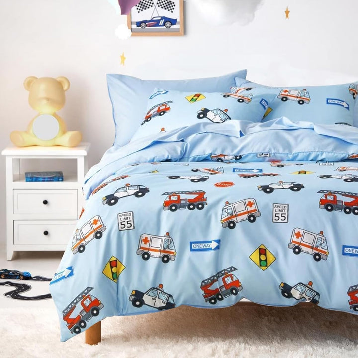 Freyamy Kinder Bettwäsche 135x200cm Blau Bunt Cartoon Auto Jungen Kinderbettwäsche Mikrofaser Cars A