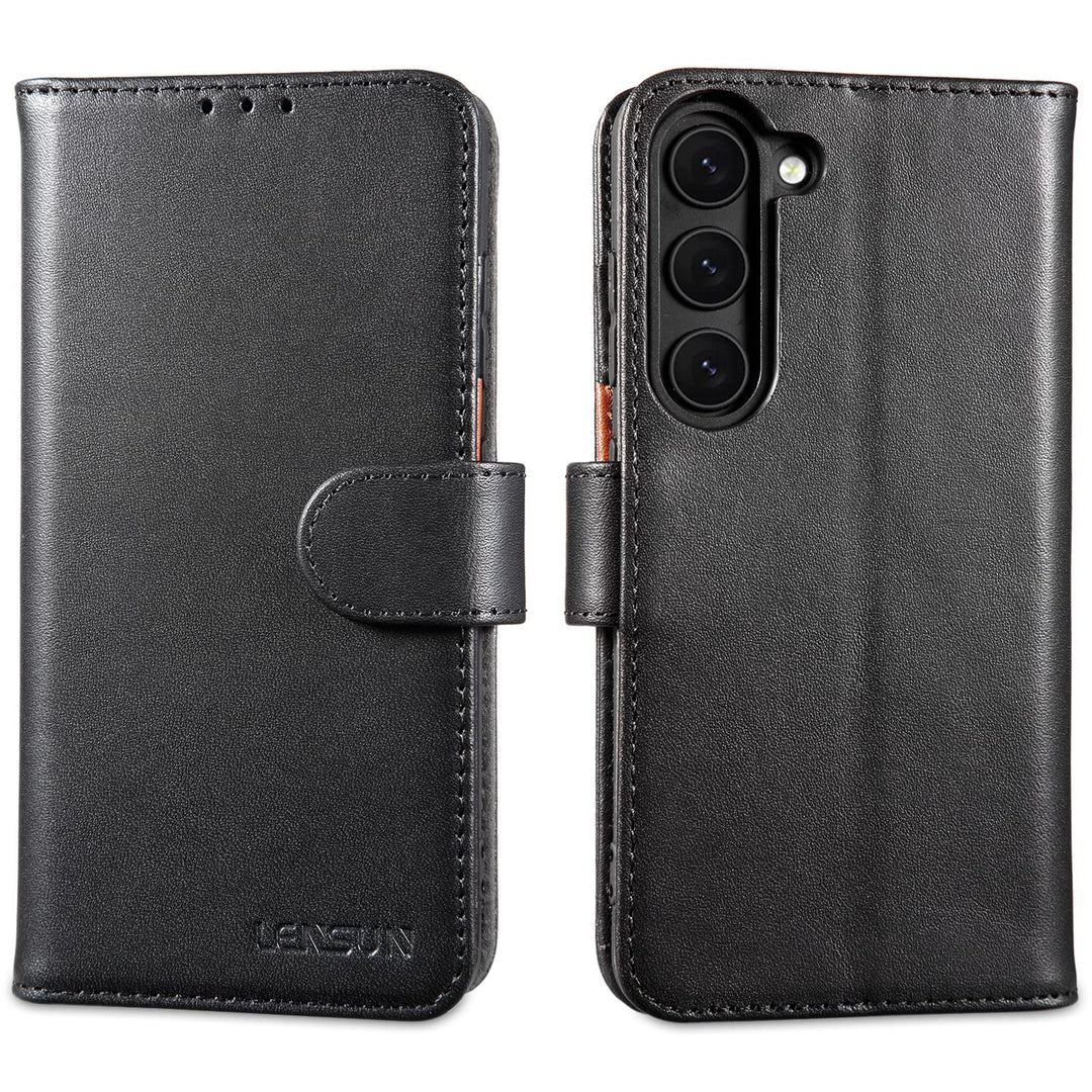 LENSUN Echtleder Hülle für Samsung Galaxy S23, Handyhülle [Echtes Leder] [Magnetverschluss] [RFID Sc