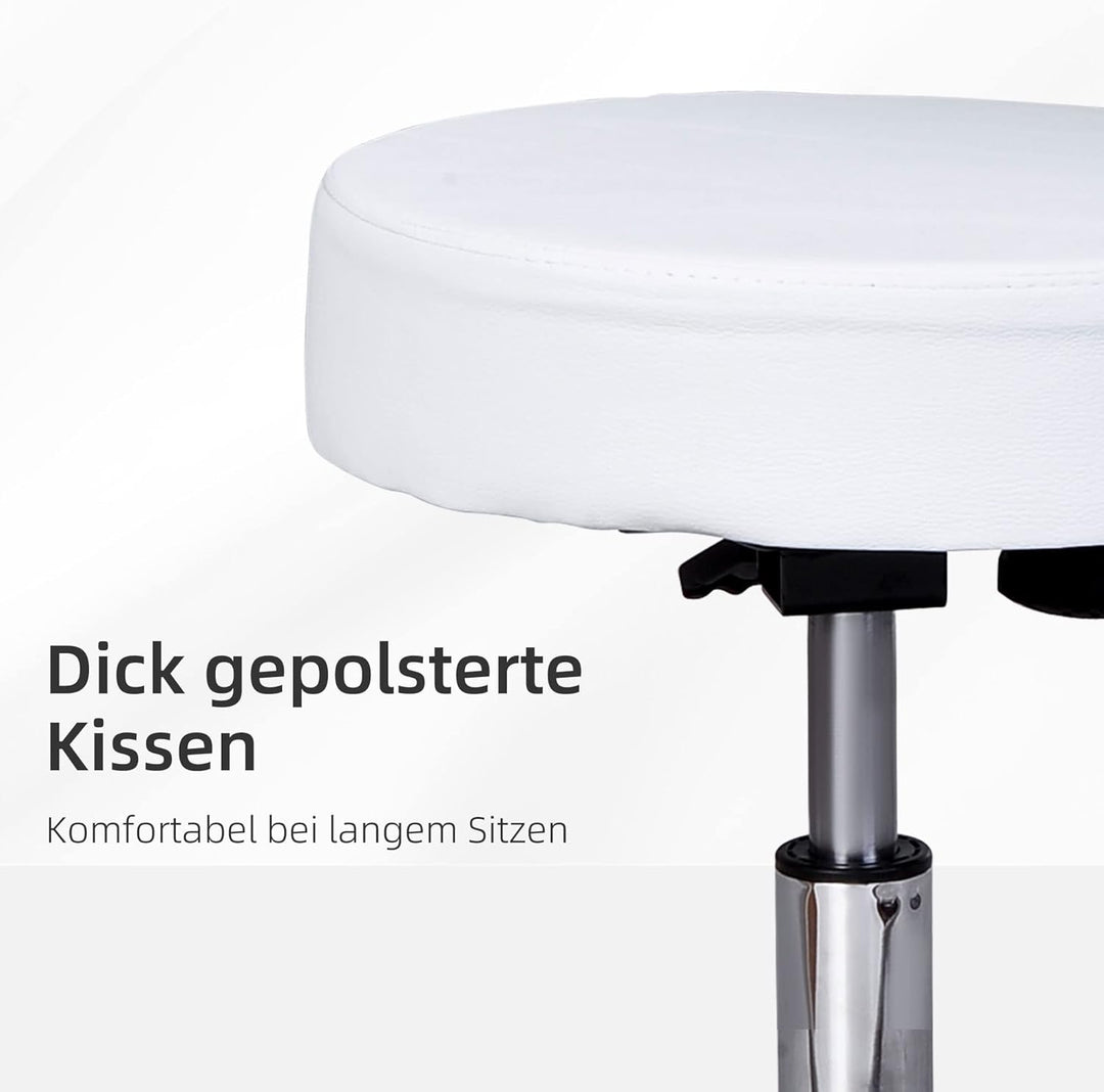 HOMCOM Arbeitshocker Rollhocker Drehhocker höhenverstellbar mit Lehne Büro Weiss Φ35 x H72-84 cm, We
