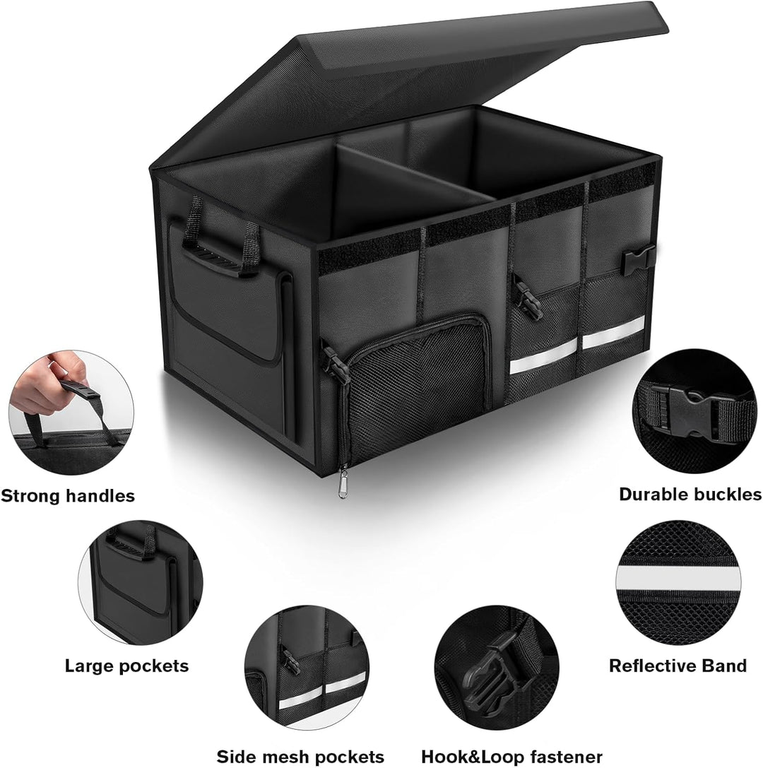 Carehabi Kofferraum Organizer 72L mit Deckel, XXL Faltbare Auto Kofferraumtasche mit Fächern & Tasch