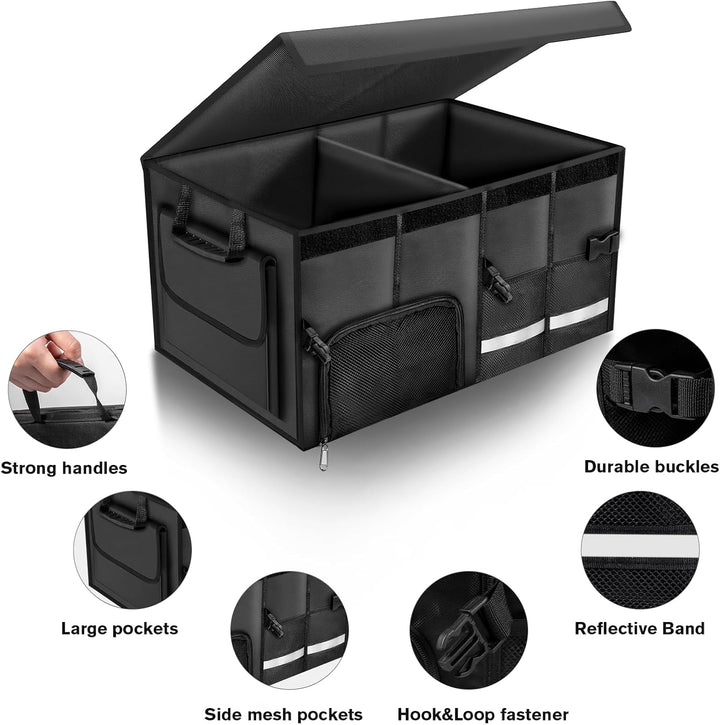Carehabi Kofferraum Organizer 72L mit Deckel, XXL Faltbare Auto Kofferraumtasche mit Fächern & Tasch