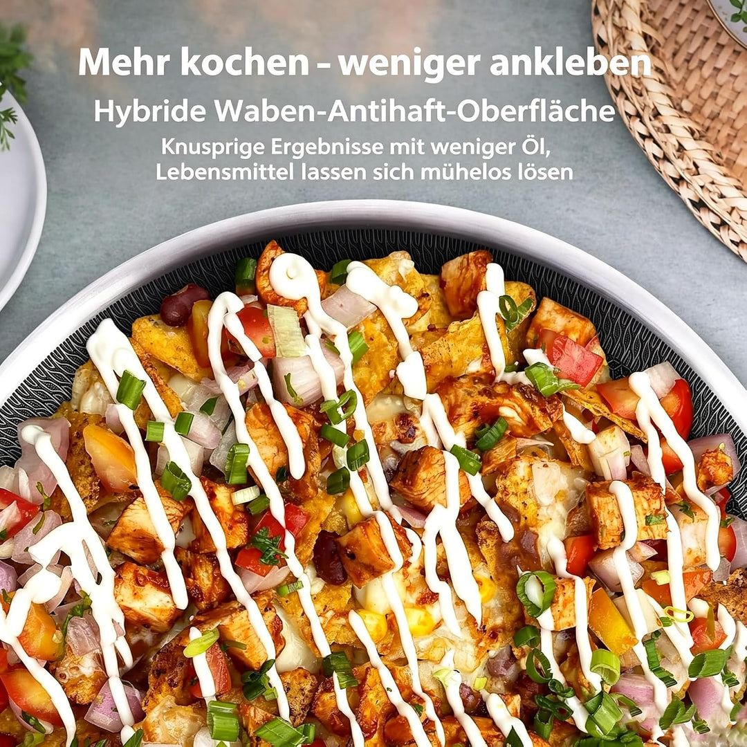LOLYKITCH Wokpfanne 26 cm mit Deckel, Hybrid-Wok mit Wabenstruktur 26cm Stielgriff, 26cm Stielgriff