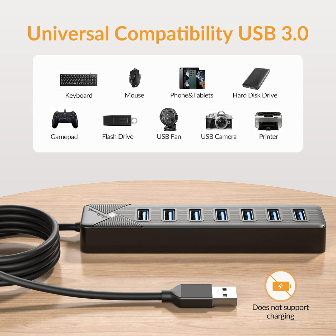 GiGimundo PG7U USB Hub 3.0, 7-Port USB Verteiler, 1M Lang Kabel mit 5V/3A Stromeingang, Mehrfach USB