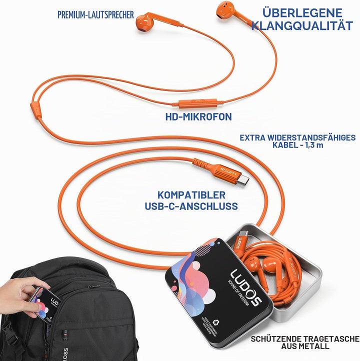LUDOS FEROX USB C Kopfhörer, 5 Jahre Garantie für iPhone 16 15 Pro Max Plus Samsung Galaxy S24 S23 U