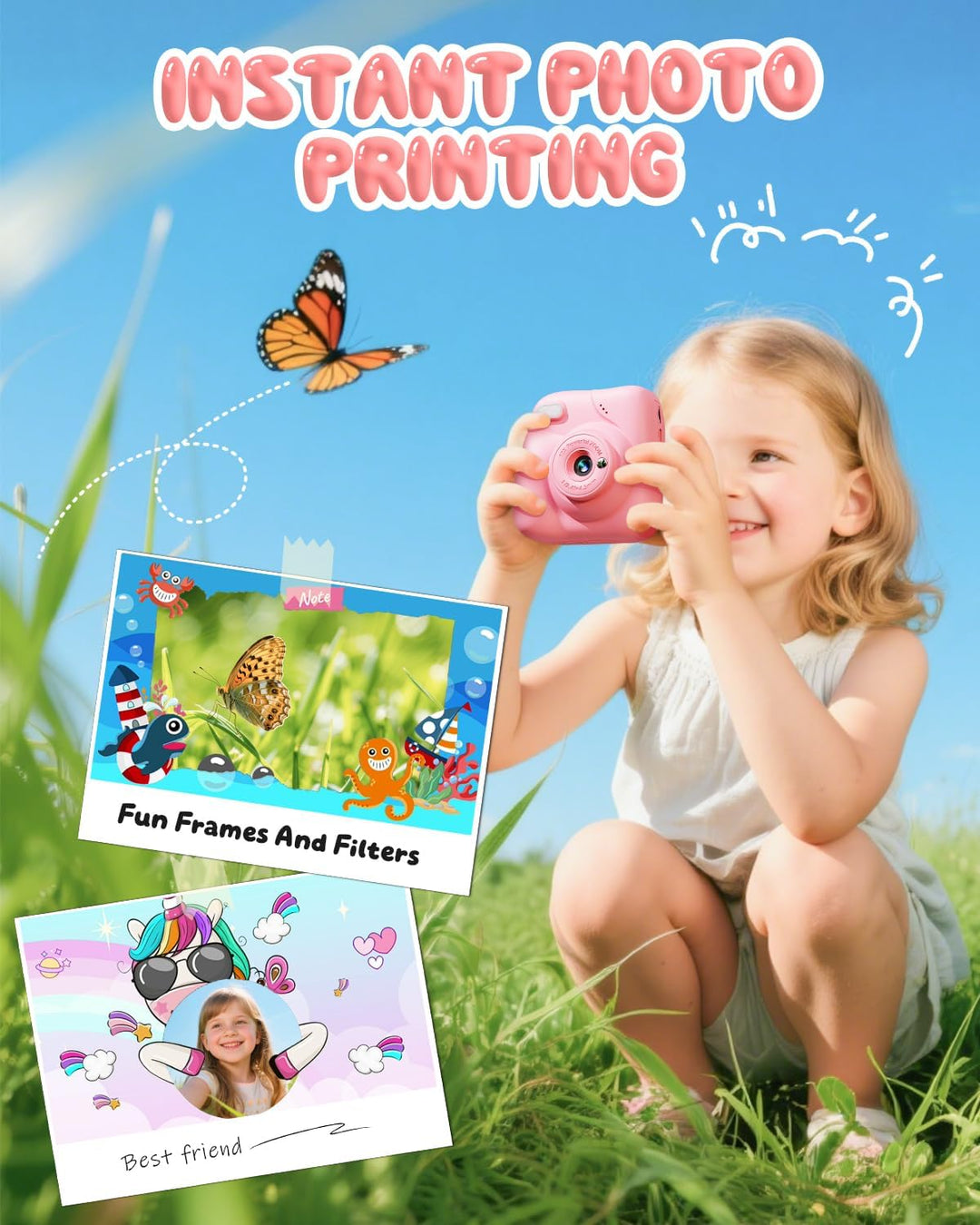 CAMCLID Kinderkamera Sofortbildkamera, 1080P Sofortbildkamera Kinder mit 32GB Karte & 3 Rollen Druck