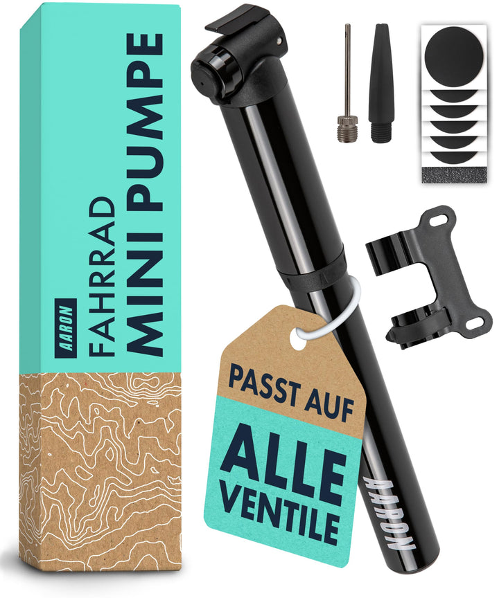 AARON Pocket One Mini Fahrradpumpe für alle Ventile - kompakte Luftpumpe passend für jeden Rahmen -