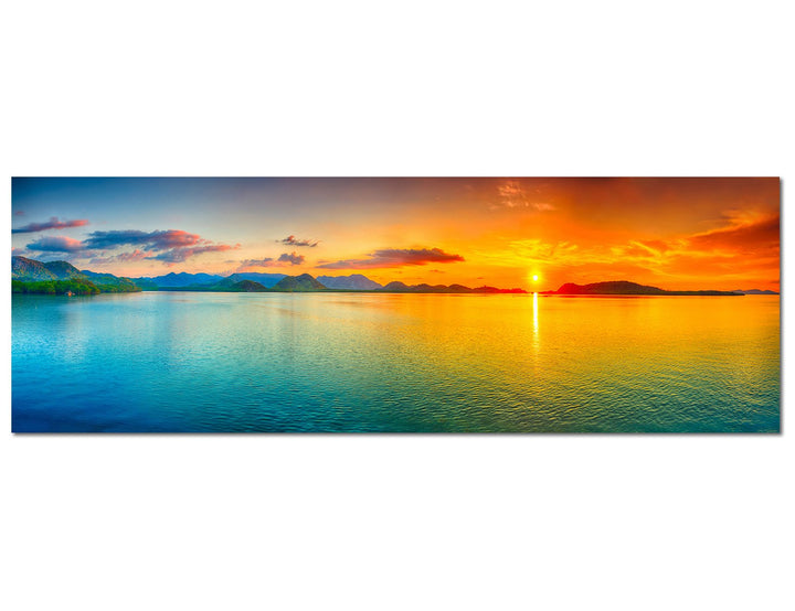 Paul Sinus Art Panoramabild auf Leinwand und Keilrahmen 120x40cm Meer Hügel Sonnenaufgang Wolkenschl