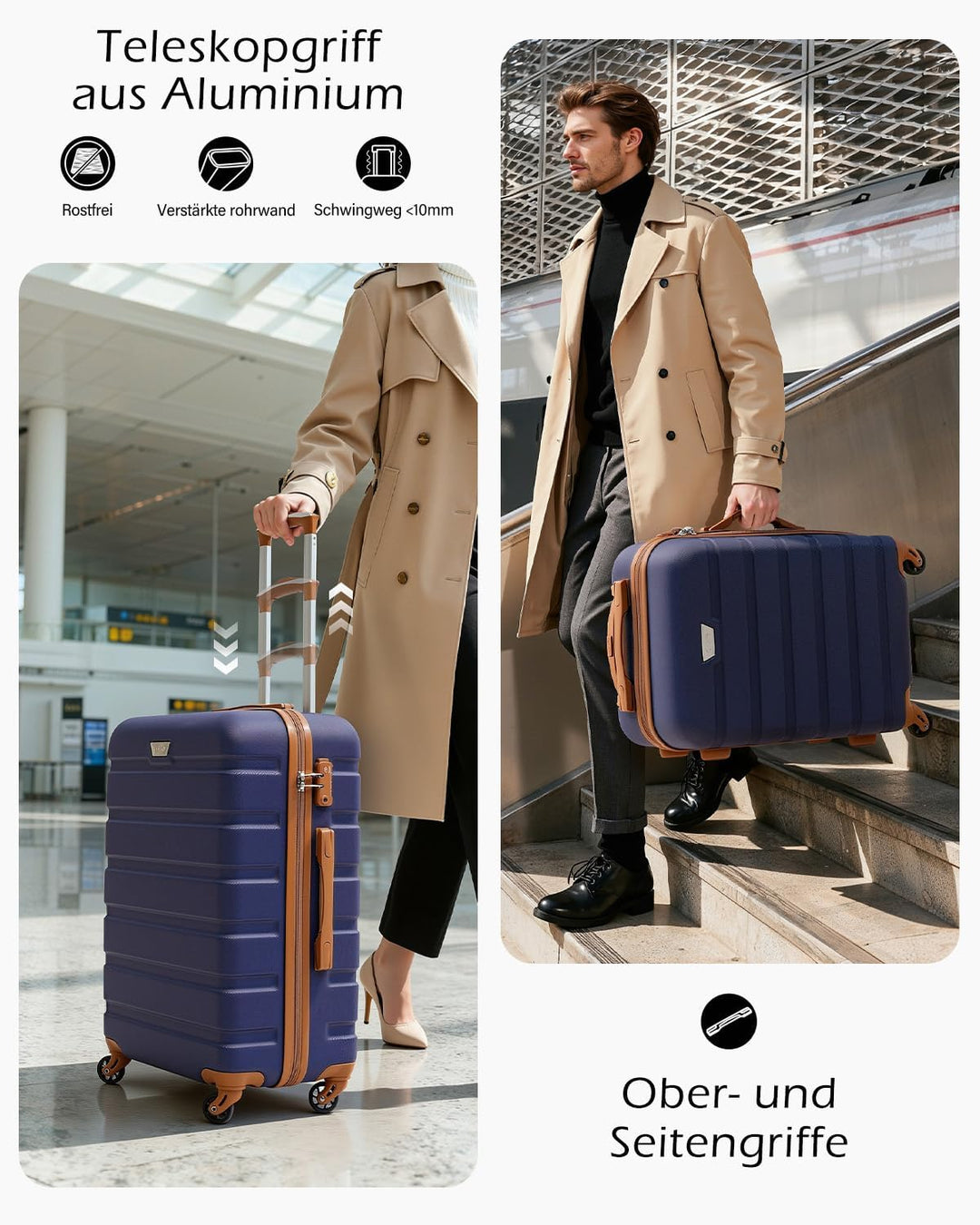 COOLIFE Hartschalen-Koffer Trolley Rollkoffer Reisekoffer mit TSA-Schloss und 4 Rollen (Blau/Braun,