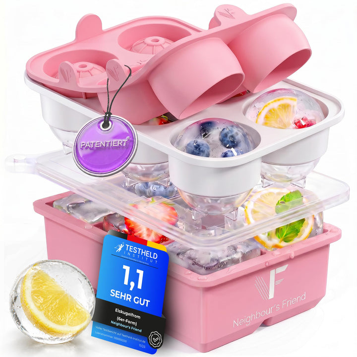Rosa XXL Eiskugel- & Eiswürfelform Set – Stylische Eisformen aus Platin Silikon für Eiskaffee, Cockt