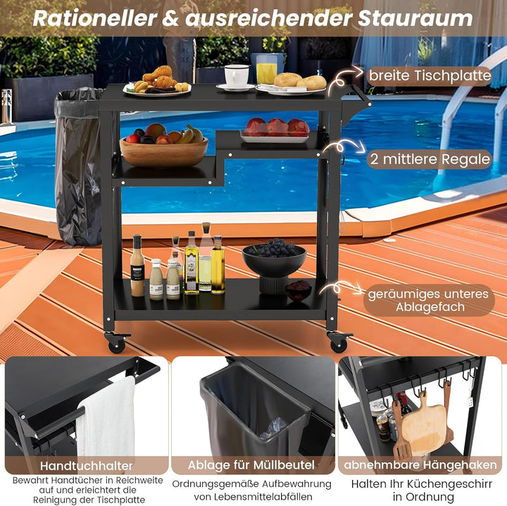 COSTWAY Grillwagen Grilltisch Outdoor, Pizzatisch mit 4 Ablagen & 4 Rollen & Haken, Grill Beistellti