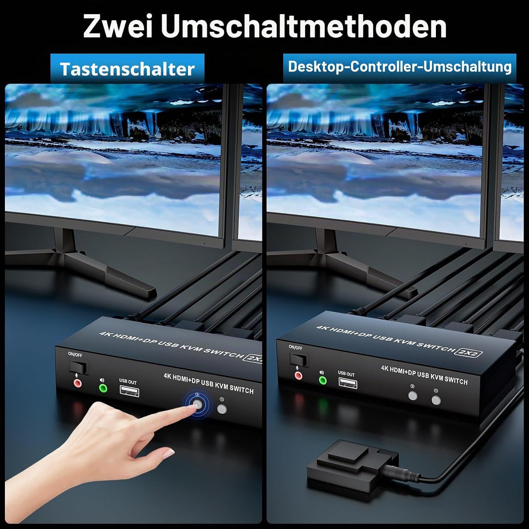 HDMI + Displayport KVM Switch 2 Port, BolAAzuL 4K@60Hz USB 2.0 KVM Switch Box 2 PC 2 Monitor HDMI 2.