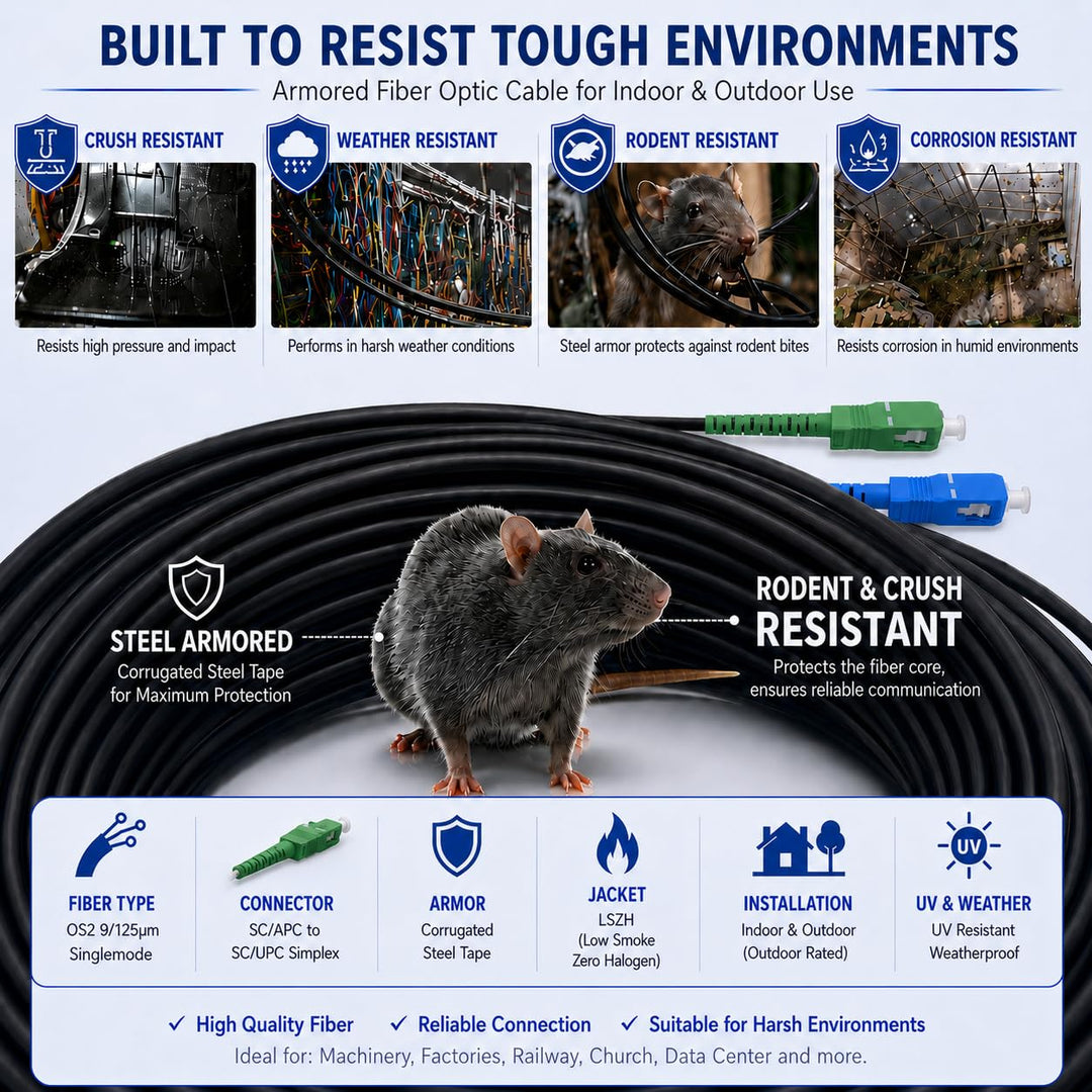 Elfcam® - Freebox-kompatibles geschirmtes Stahl-LWL-Kabel, geeignet für Innen- und Ausseninstallatio