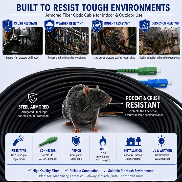 Elfcam® - Freebox-kompatibles geschirmtes Stahl-LWL-Kabel, geeignet für Innen- und Ausseninstallatio