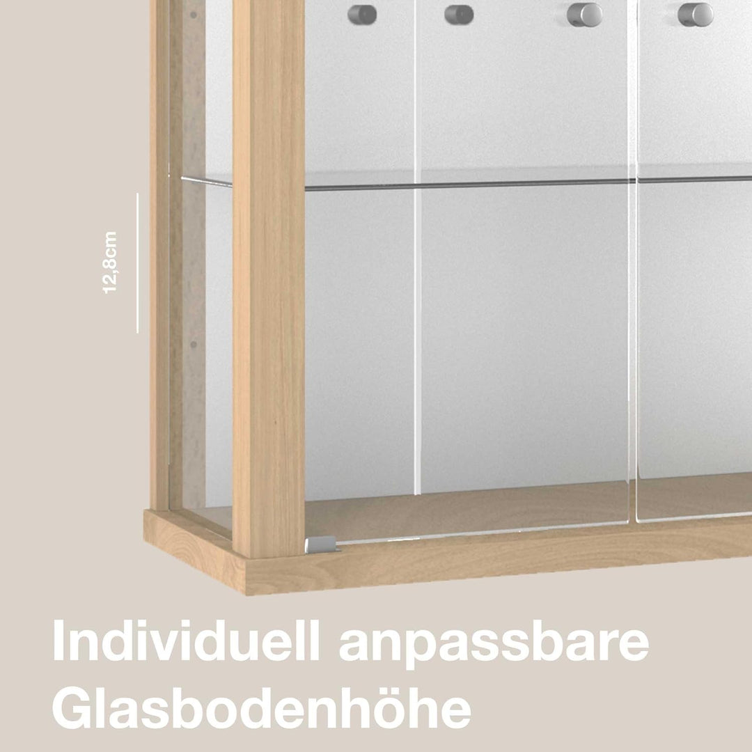 K-Möbel Hängevitrine in Buche (80x60x25 cm) mit 2 höhenverstellbaren Glasböden, Spiegel & LED - Mode