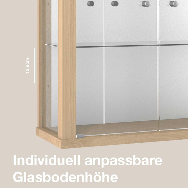 K-Möbel Hängevitrine in Buche (80x60x25 cm) mit 2 höhenverstellbaren Glasböden, Spiegel & LED - Mode